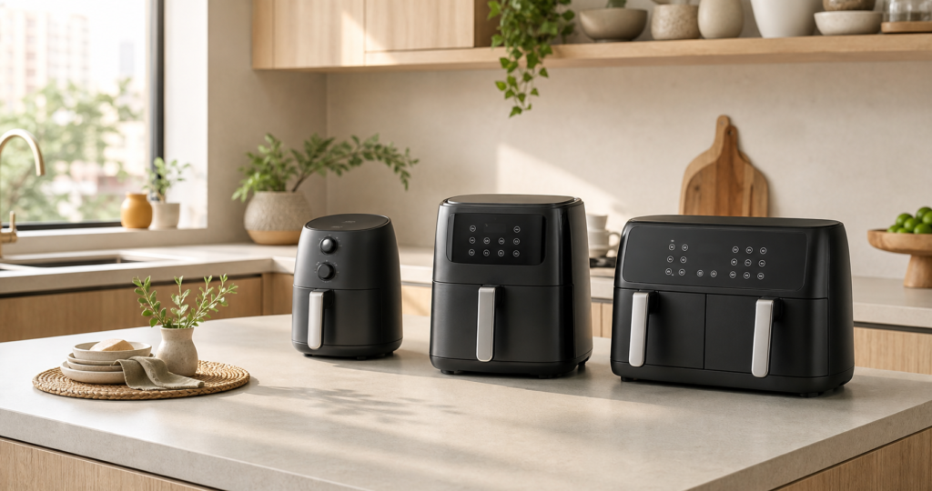 Três air fryers de tamanhos diferentes em uma cozinha clara e moderna