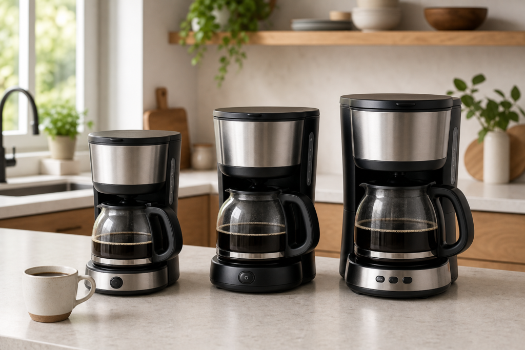 Três cafeteiras elétricas de tamanhos diferentes em uma cozinha clara