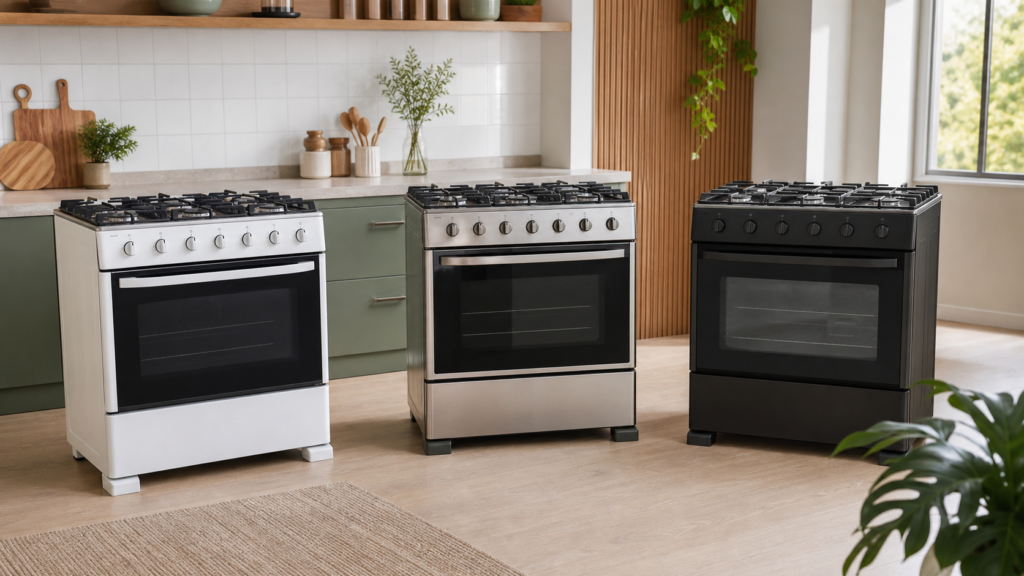 Três fogões de cinco bocas em cozinha moderna para comparativo de custo-benefício