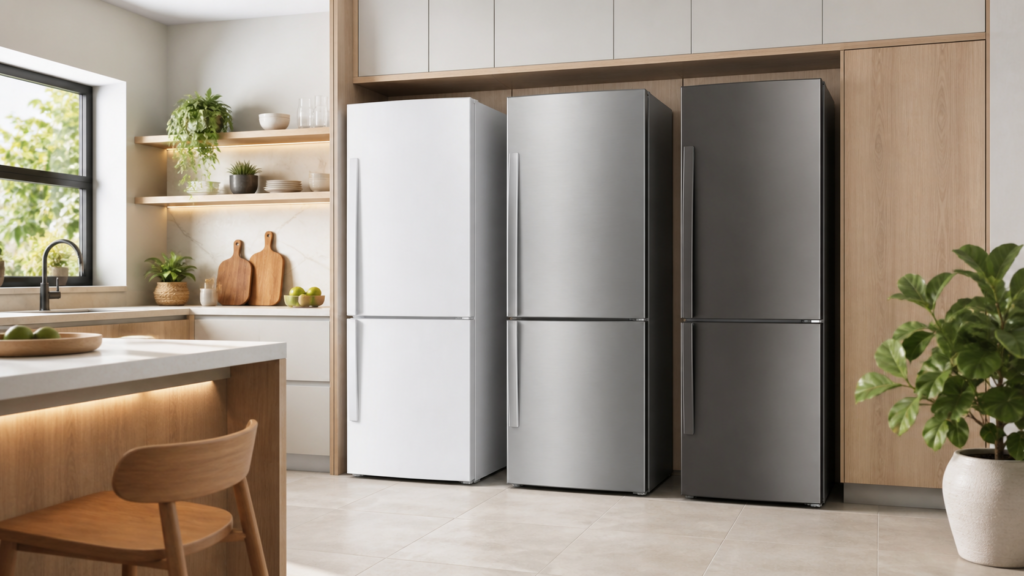 Três geladeiras Frost Free em cozinha moderna para comparativo de custo-benefício