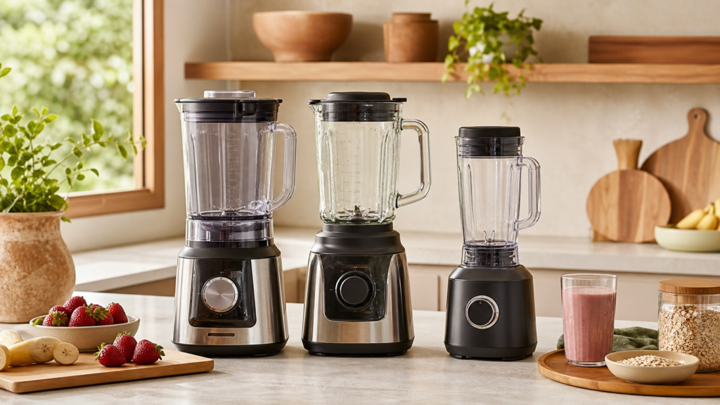 Três liquidificadores em uma cozinha moderna para comparação de custo-benefício