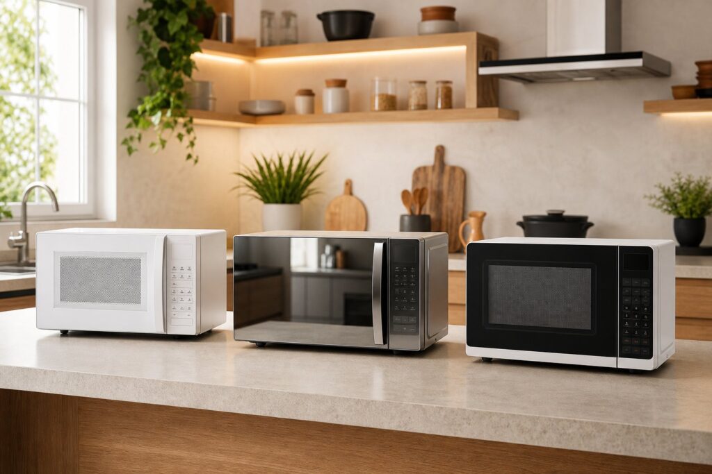 Três micro-ondas em uma cozinha moderna, comparativo de custo-benefício 2026