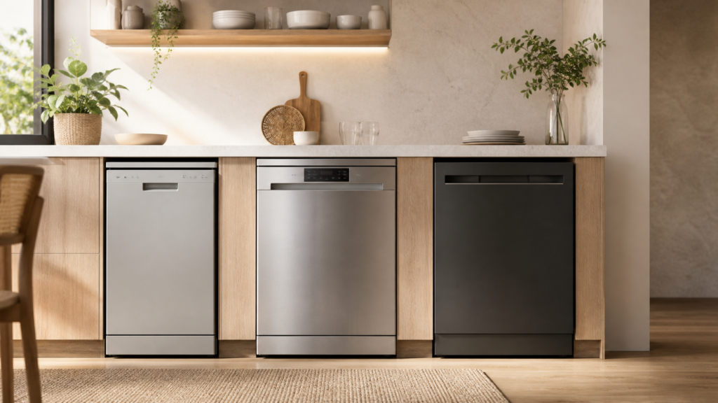 Três lava-louças modernas em cozinha para comparativo de custo-benefício