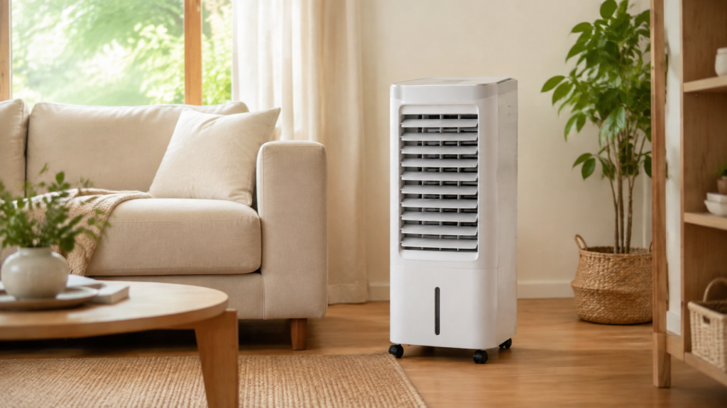 Climatizador de ar moderno em uma sala clara e acolhedora
